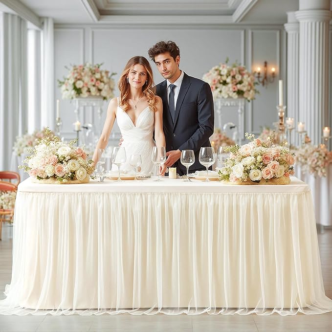 2-in-1 Ivory Tablecloths for 6 Foot Rectangle Tables with Tulle Table Skirt Wedding Table Cover Stretchy Fitted Ruffle Tutu Tablecloth for Baby Shower Reception Birthday Parties Celebration Banquet