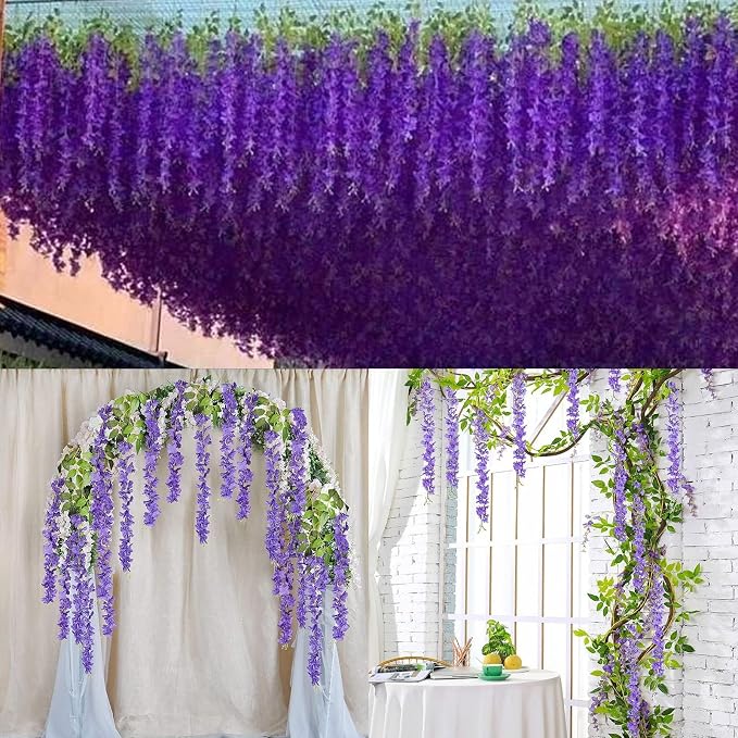 36 Pack Artificial Wisteria Hanging Flowers Fake Wisteria Flower Silk Vines Rattan Decor for Home Wedding Arch Wall Garden Greenery Bedroom Outdoor Office Party Decoration (Purple)