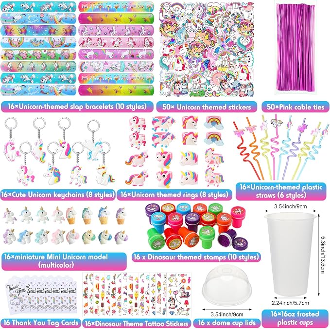 Qilery 195 Pcs 16 Guests Unicorn Birthday Party Favors for kids Includes Plastic Cup with Lid Straw Keychain Bracelet Ring Stamper Stickers Tag for Party Favors Piñata Filling