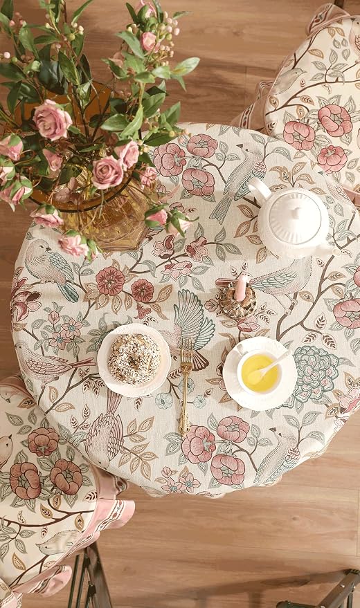 patdrea Vintage French Linen Tablecloth,Round,Diameter 55"-Kulom A | Elegant Table Cloth for Round Table,Leaves and Bird Patterned,Dining Room Tea Party Thanksgiving Decor,Pink