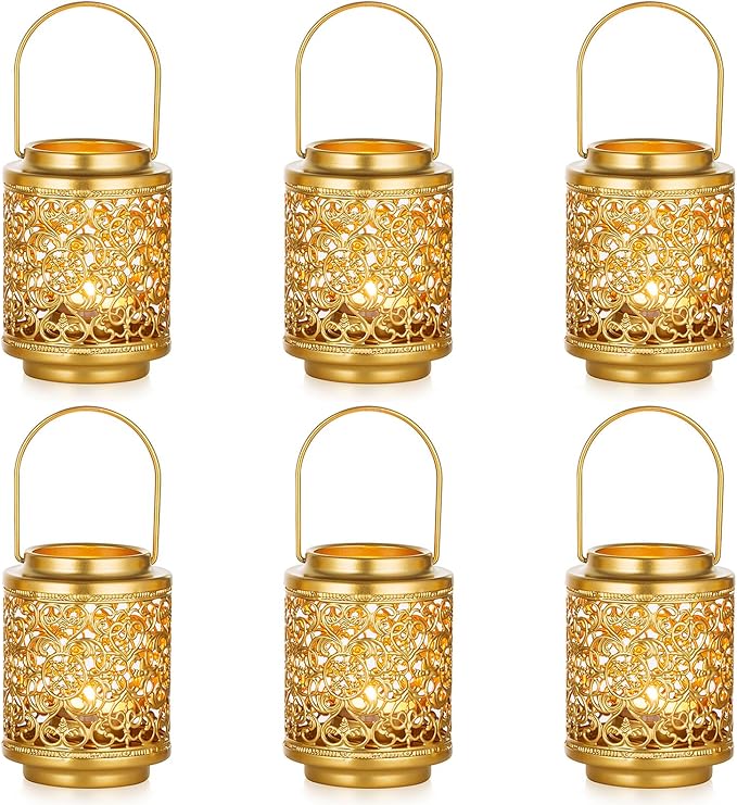 NUPTIO Gold Candle Lanterns Decorative: 6 Pcs Hanging Metal Tealight Candles Holder 4.1inch Brass Mini Tea Light Lantern Centerpiece for Weddings Bridal Shower Anniversary Table Decor (Style 3)