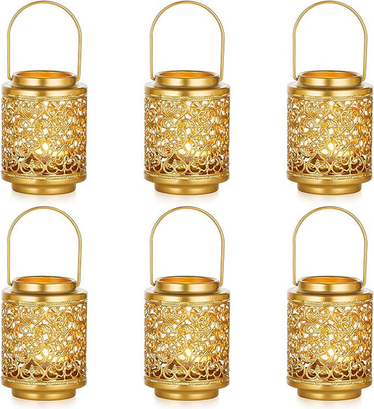 NUPTIO Gold Candle Lanterns Decorative: 6 Pcs Hanging Metal Tealight Candles Holder 4.1inch Brass Mini Tea Light Lantern Centerpiece for Weddings Bridal Shower Anniversary Table Decor (Style 3)