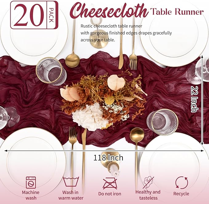 20 Pack Burgundy Table Runner 10FT Long Cheesecloth Table Runner Cheese Cloth Gauze for Wedding Party Birthday Decoration-Burgundy