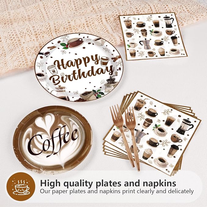 Grencian 96Pcs Brown Coffee Happy Birthday Party Decorations Supplies Coffee Theme Plates and Napkins Latte Art Disposable Tableware Set for Cappuccino Lover Adult Birthday Party Decorations Serve 24