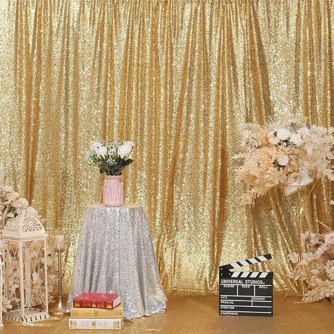 Eternal Beauty Gold Sequin Backdrop, 10x10 Ft Glitter Background Curtains for Mother's Day Shimmer Photography Party Wedding Birthday Back Drop Decor
