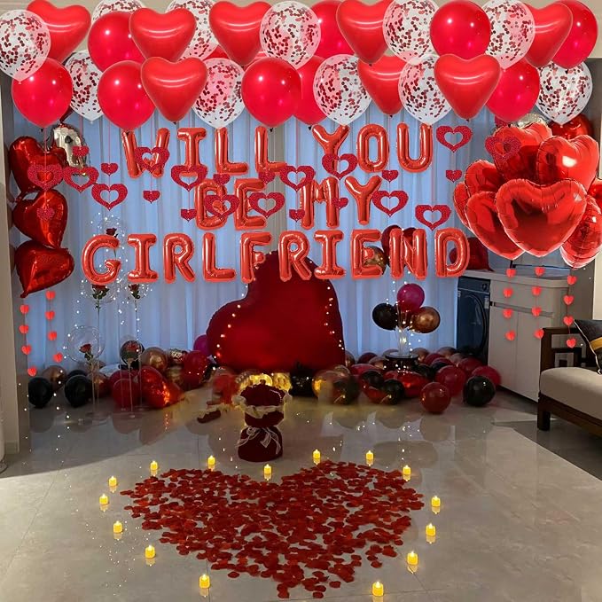 Red Will You Be My Girlfriend Balloons - 2000pcs Red Artificial Rose Petals 48pcs Flameless LED Candle Tealight 21pcs Letter Balloons 18" Heart Balloon Latex Balloon for Valentines Day Decorations