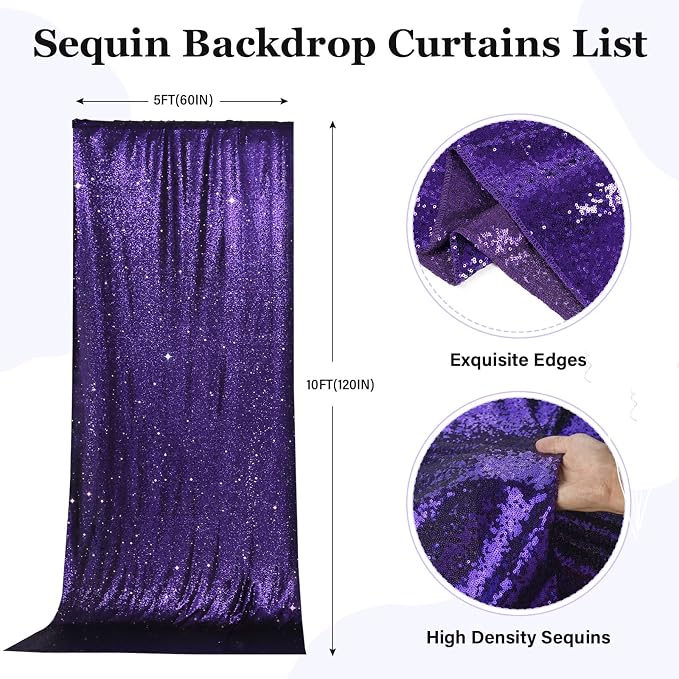 PartyDelight Purple Sequin Backdrop 5x10ft 2 Panels 4 Inch Rod Pocket | Dense 3mm purple sequins on mesh backing with 4 inch rod pocket for wide reception walls head tables stages and layered event