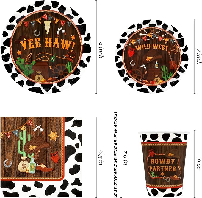 Recheel Western Birthday Party Supplies Decorations, Cowboy Wild West Theme Birthday Paper Plates and Napkins Set with Cups and Straws for 24 Guests, 120 Pcs Disposable Party Dessert Dinnerwares