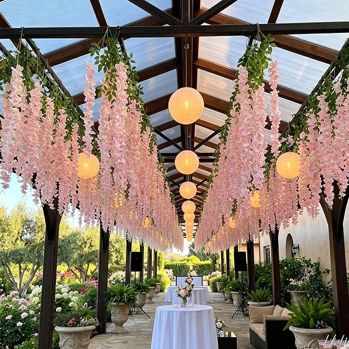 Artificial Wisteria Hanging Flowers Fake Wisteria Flower Garland Silk Vines Rattan Decor for Home Wedding Arch Wall Garden Greenery Bedroom Outdoor Office Party Decoration (24, Light Pink)