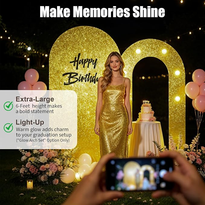 6FT Arch Backdrop with Stand Set, Lighted Arch Set, No-Tip Stability Glow Foam Board Photo Booth Background for Wedding Birthday Party Ceremony Baby Shower Banquet Decoration Reusable - Gold