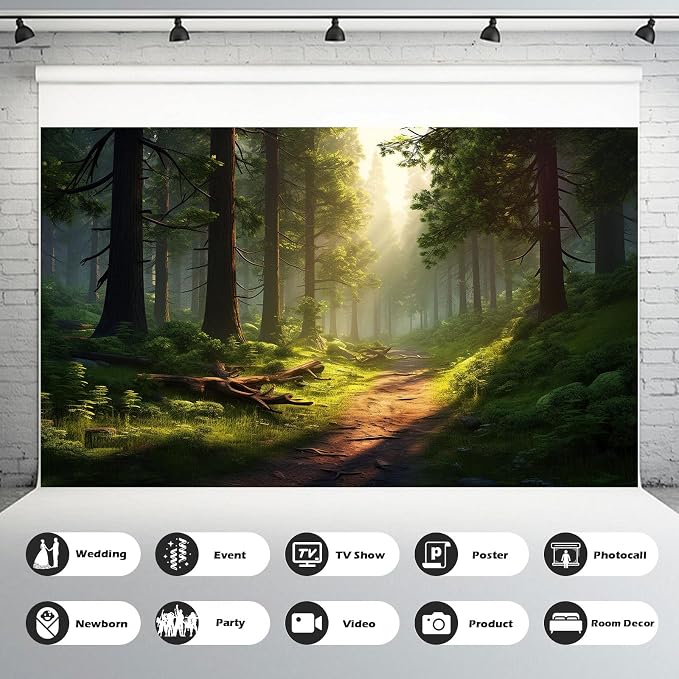 Forest Backdrop Tranquil Pathway Meanders Through Dense Foliage Forest Photography Backgrounds Hyper Realistic Lush Green Forest Backdrops Towering Trees Natural Landscape Decorations 7x5ft