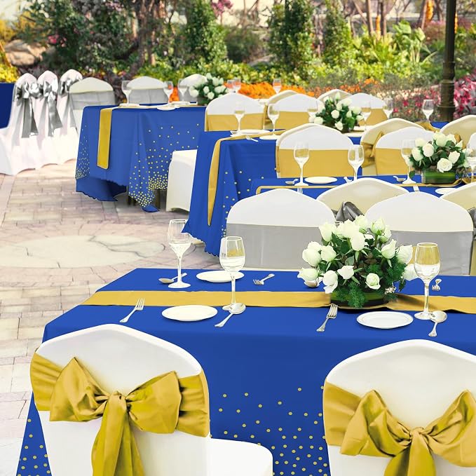 24 Pack Blue and Gold Tablecloth and Table Runner Party Decorations, Royal Blue and Gold Plastic Disposable Tablecloth and Satin Table Runner for Wedding Birthday Bridal Graduation Anniversary Party