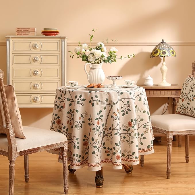 ISAENNE Vintage French Linen Round Tablecloth,Diameter 67"-Flora A | Designer Elegant Floral Table Cloth,Beautiful,Heavyweight,Decoration,Durable,Dining Room,Tea Party,Kitchen,Thanksgiving