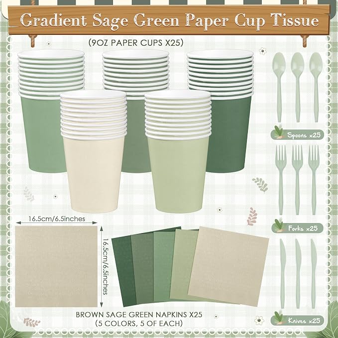 Mimorou 177 Pcs Sage Green Plates and Napkins Set Serves 25 Guests Gradient Sage Green Tablecloth Plates Cup and Napkins Tableware for Birthday Wedding Bridal Baby Shower Party Supplies