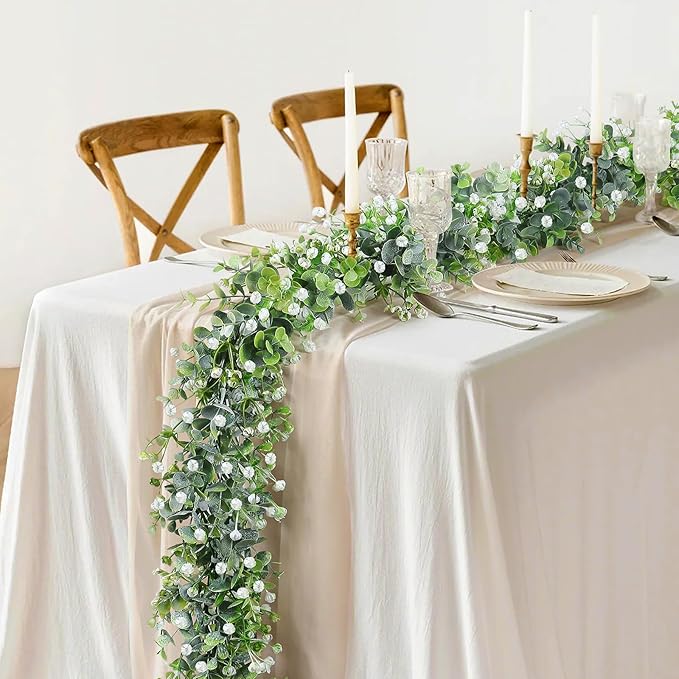 SOMYTING Faux Eucalyptus Garland 2 Pack Fake Vines Hanging Eucalyptus Babys Breath Greenery Garland Spring Garland for Mantle Table Wedding Backdrop Arch Party Wall Decor (2PCS)