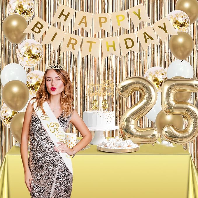 Trgowaul 25th Birthday Decorations for Women, Banner, Sash and Crown, Cake Topper, 25 Number Balloon, Fringe Curtains, Champagne Gold 25th Birthday Party Supplies