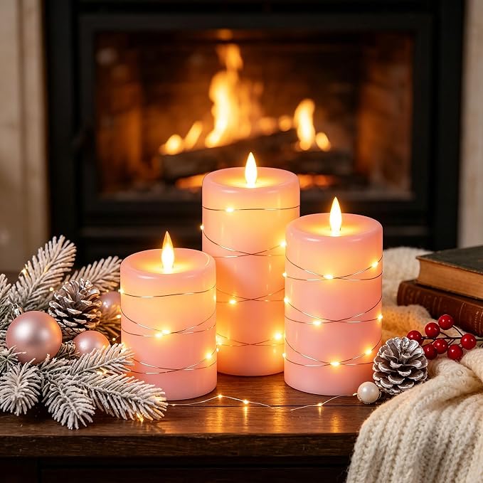 Da by 3 Pack Pink Real Wax Flameless Taper Candles, Lifelike Flickering LED Flame Candles with Surrounding Fairy String Lights, Soft Warm Battery Candles with Remote for Home Wedding Party Decor