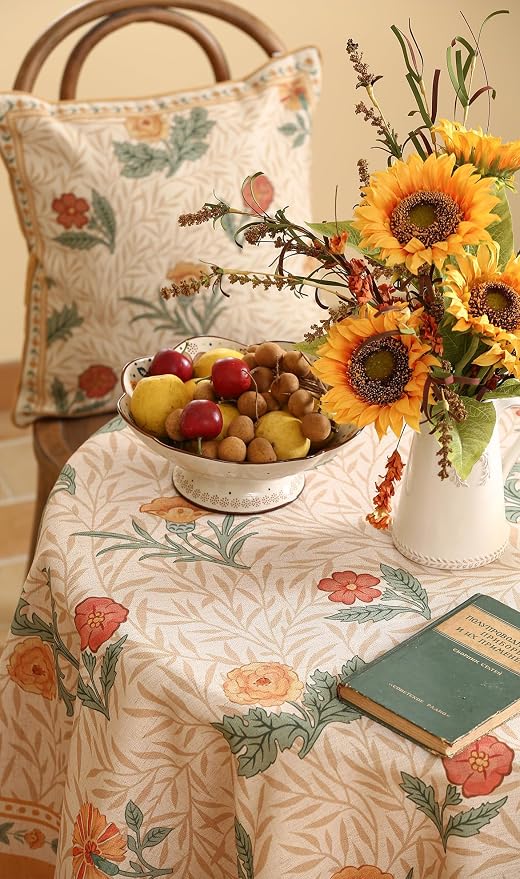 patdrea Vintage Linen Tablecloth,Round,Diameter 55"-RosaSilvestre A | French Heavyweight Table Cloth for Round Table,Yellow Floral Patterned,Dining Room Kitchen Tea Party Decoration