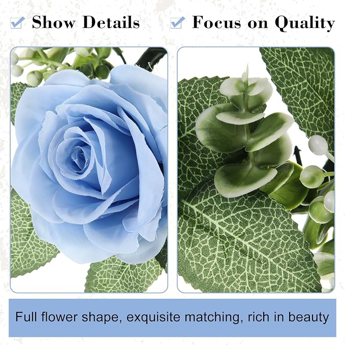 Yunlly 32 Pcs Rose Candle Rings with Flameless Candles Sets, Artificial Flower Eucalyptus Wedding Centerpiece 3 Inch Pillar Candleholders Wreaths for Wedding Party Mother's Day (Blue)