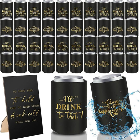 SiliFine 101 Pcs Black Wedding Can Cooler Bulk Engagement Party Favors for 100 Guests Cheers to Love Laughter, and I'll Drink Can Cooler with Wooden Wedding Table Sign Bridal Shower Favor