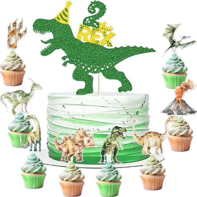 206 Pcs Dinosaur 2nd Birthday Party Supplies, Green Dino Two Rex Birthday Decorations, 20 Serves Include Paper Plates, Cups, Napkins, Tablecloth, Cake Topper, Swirls, Banner, Balloons for Boys