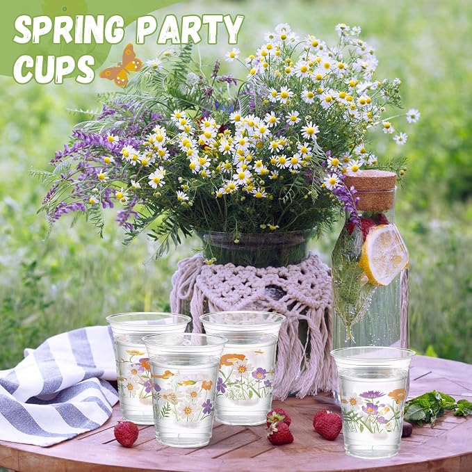 Hushee Purple Boho Floral 60 Pcs Party Cups 16 oz Plastic Disposable Drinking Cups for Birthday Love Baby in Bloom Baby Shower Summer Fresh off The Market Bridal Shower Decorations Supplies
