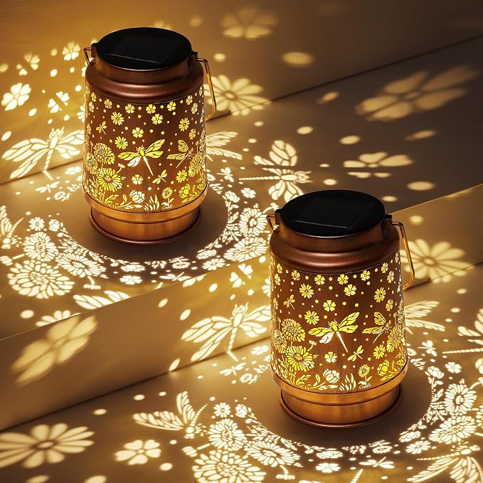 Dragonfly Solar Lanterns Outdoor Waterproof Daisy Garden Decor Birthday Gifts for Women Mom Grandma Hanging Solar Lights Metal Lantern Decoration Outside for Porch,Patio,Yard,Backyard