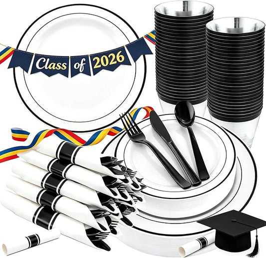 WELLIFE 350Pcs Black Plastic Dinnerware with Pre Rolled Napkins, Include:50 Dinner Plates, 50 Dessert Plates, 50 Paper Napkins, 50 Cups, 150 Plastic Cutlery