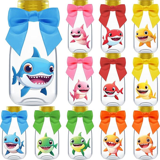 Ethisa Small 12 Pack Baby Shark Party Favors - Candy Jars with Ribbons and Stickers - DIY Party Decoration Bottles for Birthday, and Baby Shower - Table Centerpieces