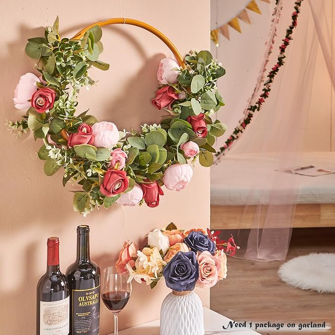 PONKING Flower Garland Artificial Rose Vine Flowers Hanging Fake Roses Vines for Wedding Birthday Party Valentines Christmas Room Wall Arch Decor, 2 Pink & 1 Red Floral Garland Decorations