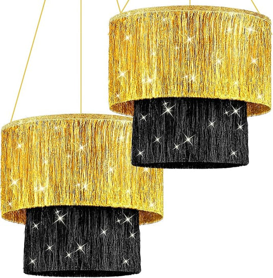 Novabright 2 Pcs 2 Tier Fringe Tinsel Chandelier Foil Iridescent Tassels Trim Shiny Hanging Disco Ball Ceiling Decor for Wedding Anniversaries Birthday 1920s Themed Party (Gold with Black)