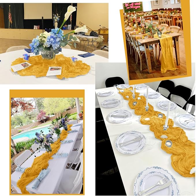 12 Pack Gold Table Runner 10Ft Cheesecloth Table Runner Rustic Gauze Table Runners Romantic Long Sheer Fabric Cheese Cloth Table Runners for Wedding Party Bridal Baby Shower