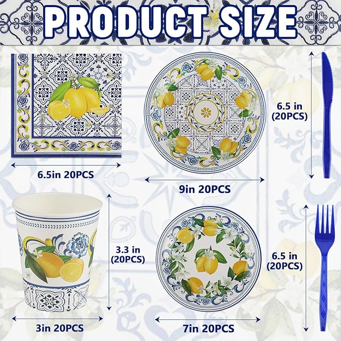 120 PCS Capri Lemon Supplies, Disposable Blue Tiles Lemon Plates Napkins Cups Knives Forks, Fruit Theme Party Tableware Set for Birthday Bachelorette Party Baby Shower Decor Supplies, Serves 20 Guests