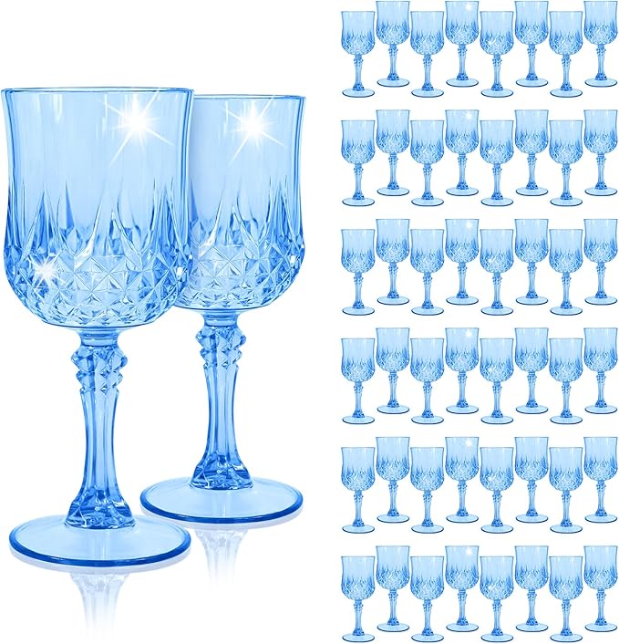 48Pack Blue Plastic Wine Glasses,Vintage Plastic Goblets for Parties, Light Blue Drinking Glasses Crystal Water Goblets Reusable for Wedding Reception, Grand Event Party Supplies