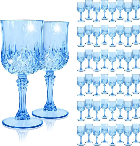 48Pack Blue Plastic Wine Glasses,Vintage Plastic Goblets for Parties, Light Blue Drinking Glasses Crystal Water Goblets Reusable for Wedding Reception, Grand Event Party Supplies