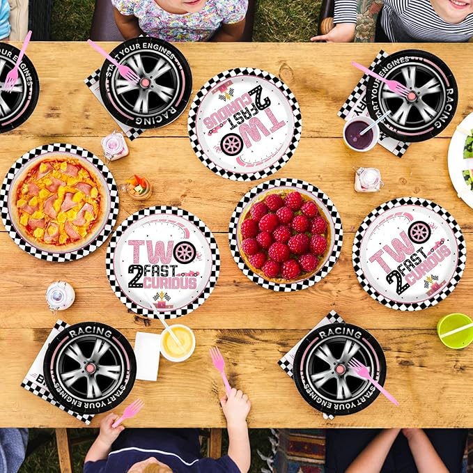 Grencian 96Pcs Two Fast Birthday Party Supplies Pink Race Car 2nd Party Plates and Napkins Checkered Flag Tableware for Kids Girls Racing Car 2 Year Old Birthday Decorations Serves 24