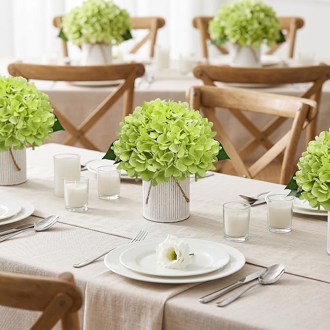 Set of 6 Artificial Flower Table Centerpieces - Light Green Fake Hydrangeas Floral Arrangement with Rustic Metal Vase for Baby Bridal Shower Birthday Party Event Decorations