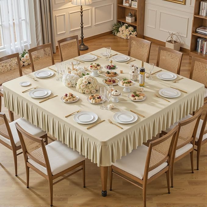 Wish Care Natural Spandex Tablecloths for 60x60 Inch Square Tables, Stretch Fitted Table Clothes with Pleated Ruffle Skirt for 60” Table, Wrinkle Free and Elastic, for Party Kitchen Home Dining