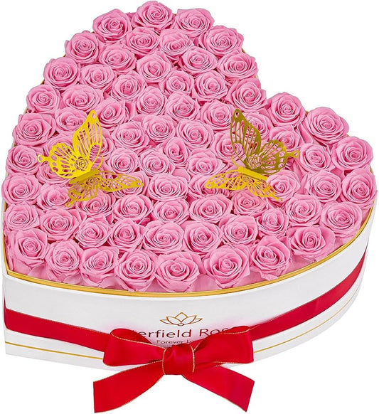 Eterfield 77 Forever Flowers in Heart Shape Box, Preserved Roses That Last a Year Preserved Flowers Birthday Gifts for Her Mom Women Wife Anniversary Valentines Day Mothers Day Christmas, Pink