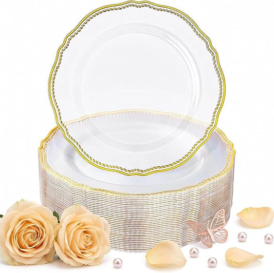 Hioasis 60pcs Clear Plastic Plates - Clear and Gold Disposable Dinnerware with Gold Rim, Heavy-duty, 7.5 inch, Dessert Plates for Party & Wedding
