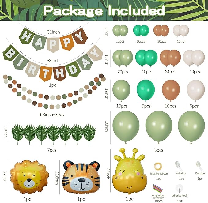 Safari Balloon Arch Kit Happy Birthday Banner Felt Brown Green Wild Animal Zoo Theme Sage Green Brown Jungle for Baby Boys Party Decorations