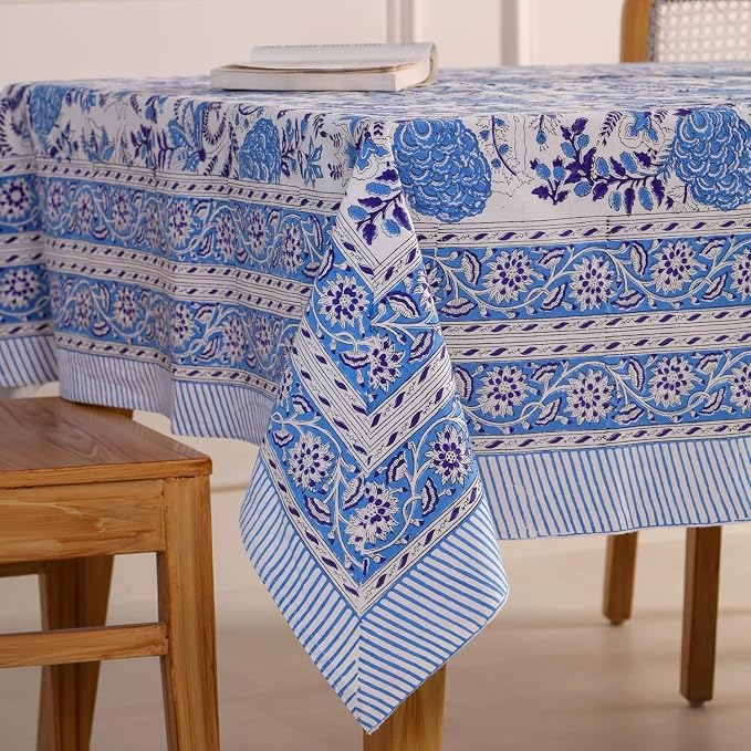 Hand Block Printed Tablecloth, Colorful Floral Print, Indian Artisan Handmade Art, Dining Room, Kitchen, Outdoor Décor, (Bluebell Delight, 10 Seater 72 x 118 Inches Rectangle)