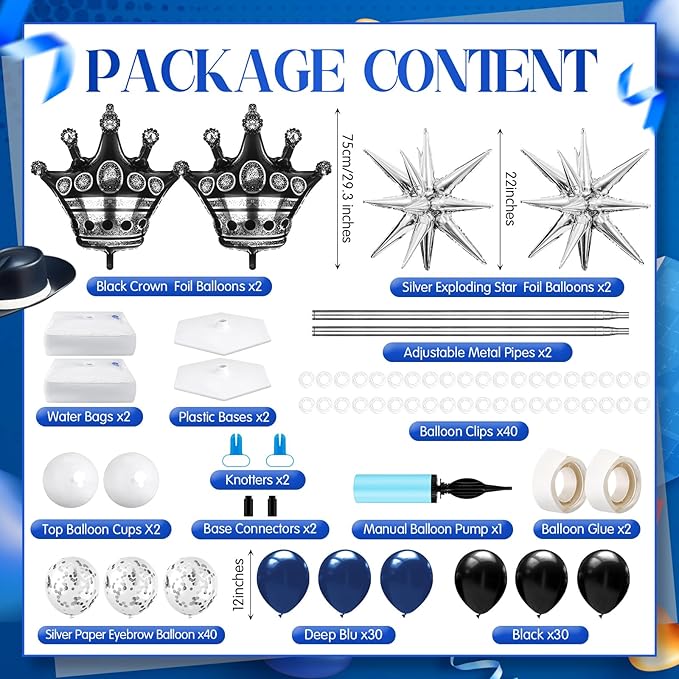 2 Sets Blue and Black Birthday Decorations Balloon Column Stand Kit with Crown, Navy Blue, Black and Silver Balloons Arch Kit for Prom Men Birthday Retirement Baby Shower Wedding Party