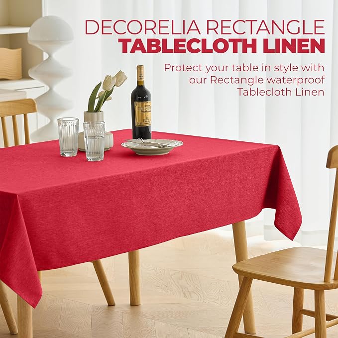 Decorelia Waterproof Wipeable Tablecloth Rectangle Table for Wedding, Faux Linen Rustic Reusable Rectangular Table Cloth Cover for Dining, Party & Camping(Oblong,60 x 104 Inch (8-10 Seats),Red)