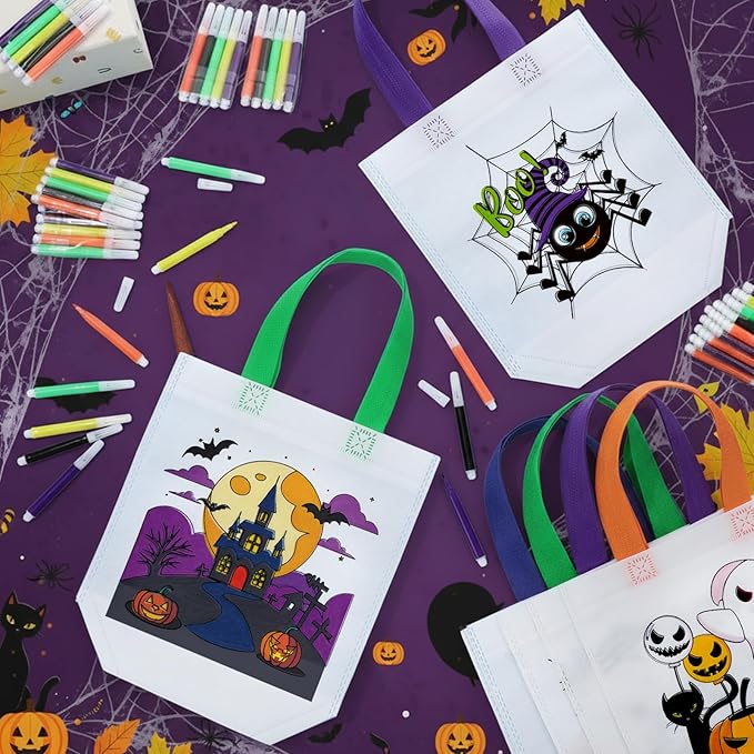 Chunful 24 Pcs Coloring Goodie Gift Bags for Kids Birthday Party Reusable Coloring Tote Bags Cute Cartoon Colorful Party Favor Non Woven with Colorful Pens DIY Crafts (Halloween)