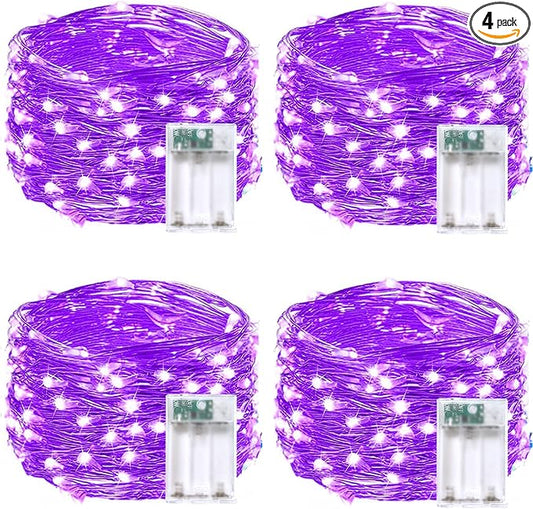 4 Pack 60 LED Fairy Lights Battery Operated with Timer, 20FT Waterproof String Lights Indoor Outdoor, Cuttable Battery Light for Home Bedroom Wedding DIY Centerpiece Christmas Decorations (Purple)