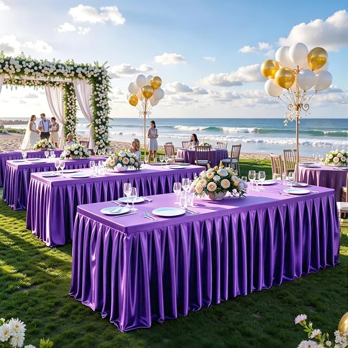 6 Packs Purple Satin Tablecloths Rectangle 6FT, Glitter Spandex Fitted Stretch Table Covers Wrinkle-Free Floor Length Shimmer Table Skirt for Weddings Parties Baby Shower Banquets Vendor Events