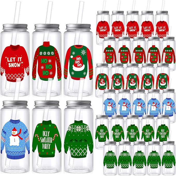 Skylety 30 Pcs Christmas Plastic Cups with Lids and Straws 13.5 oz Winter Sweater Reusable Plastic Tumbler Xmas Sweater Party Decor for Winter Holiday Women Birthday Wedding Party Supplies