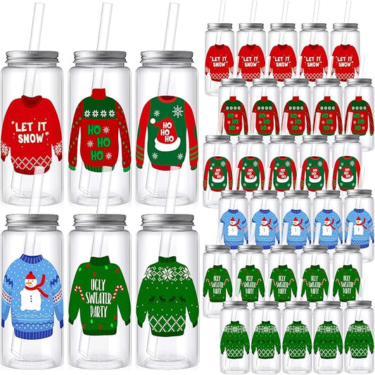 Skylety 30 Pcs Christmas Plastic Cups with Lids and Straws 13.5 oz Winter Sweater Reusable Plastic Tumbler Xmas Sweater Party Decor for Winter Holiday Women Birthday Wedding Party Supplies