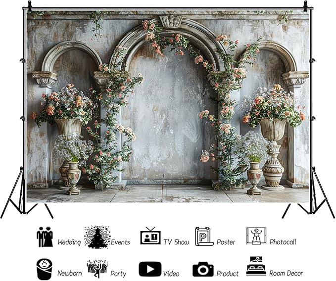 Baocicco 12x10ft Flower Castle Wall Photography Background Vintage Arch European Palace Victoria Wall Backdrop Women Themed Party Birthday Decorations Bridal Shower Ceremony Engagement Photoshoot